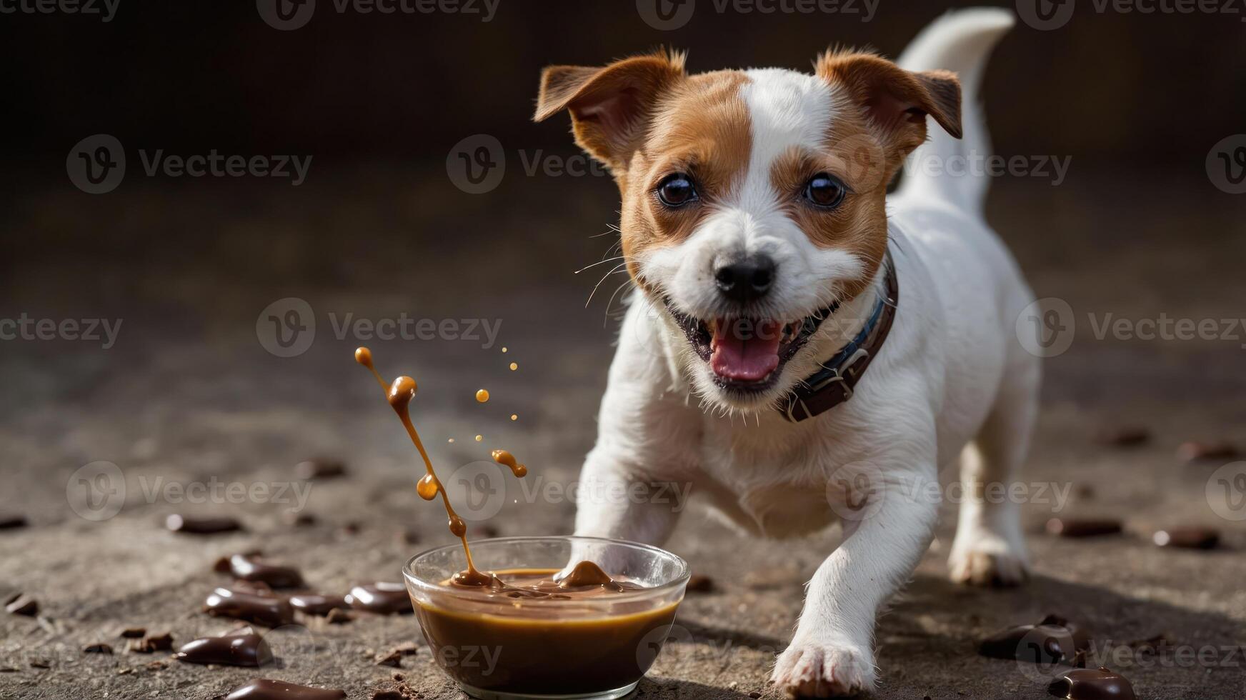 A playful dog joyfully approaches a bowl of chocolate, creating a fun and lively scene. photo