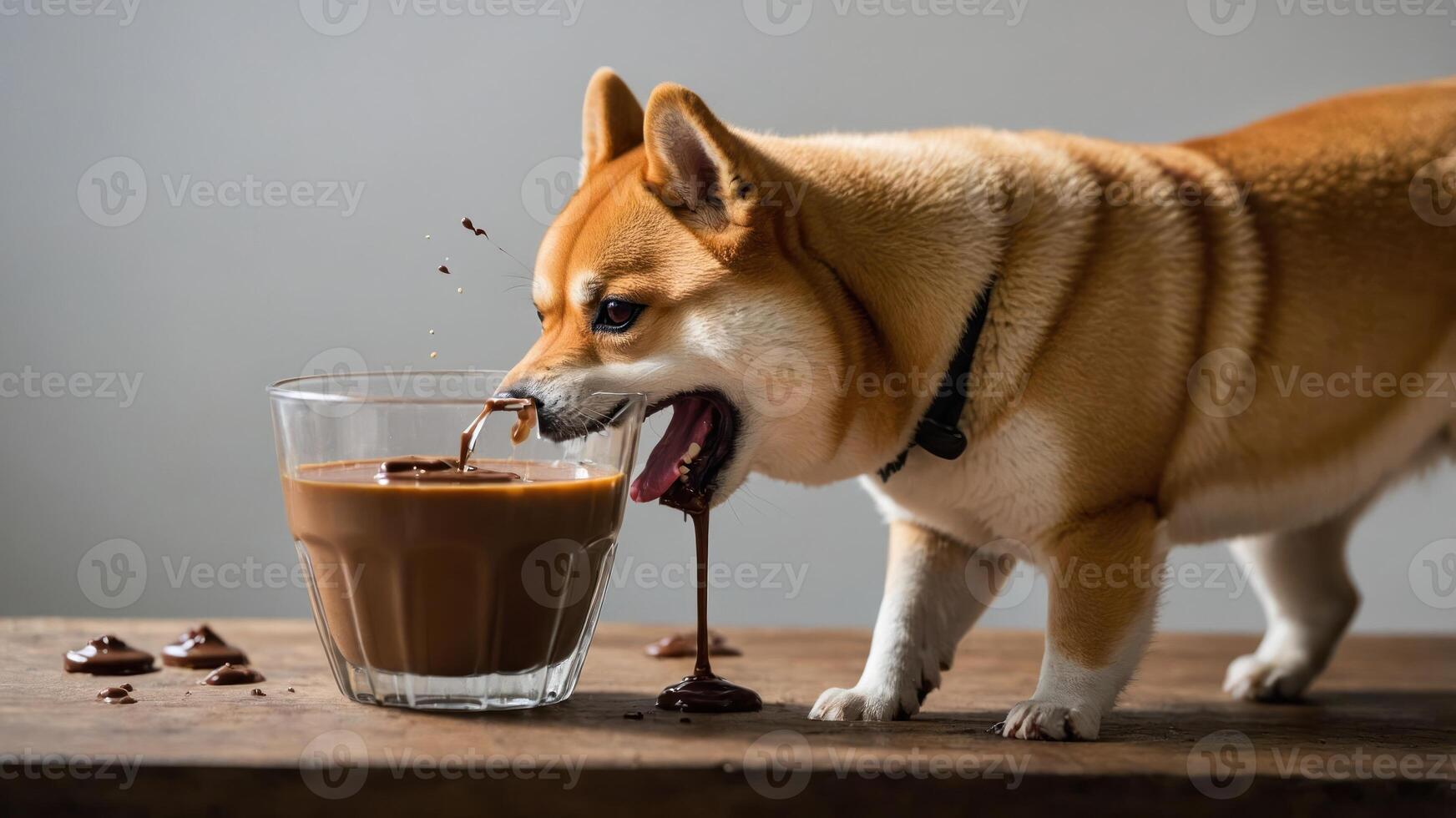 A playful dog interacting with a glass of chocolate drink, creating a fun scene. photo