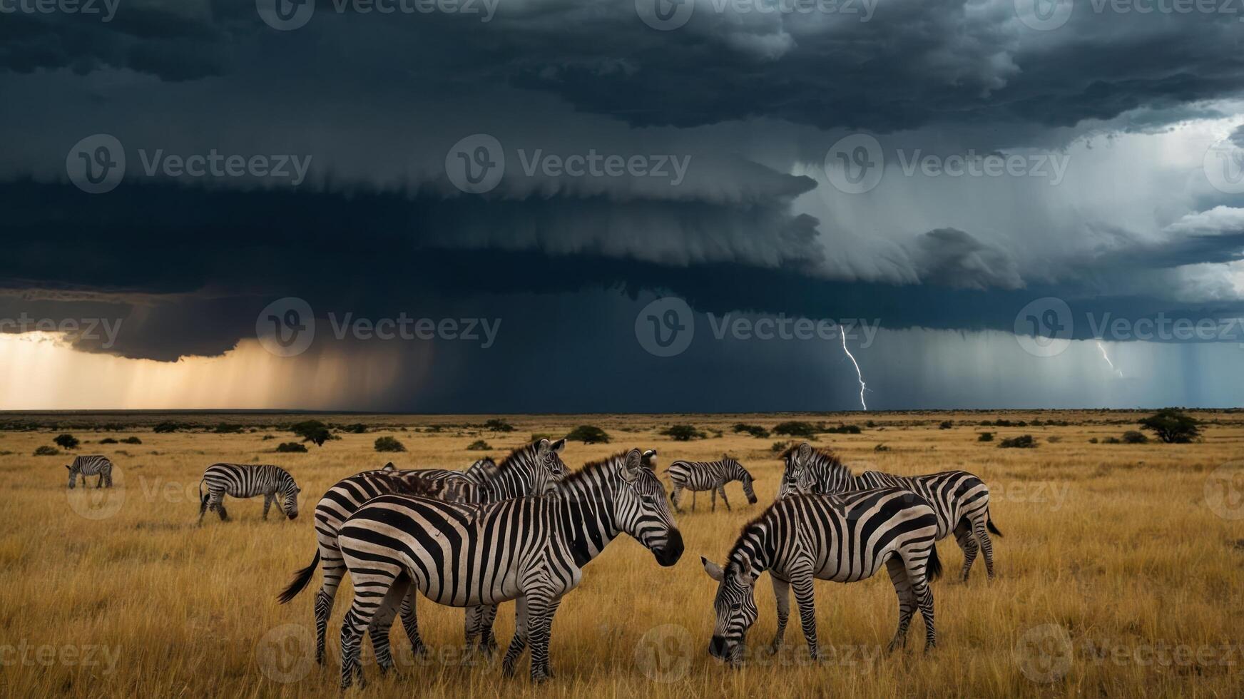A herd of zebras grazes under a dramatic stormy sky with lightning in the background. photo