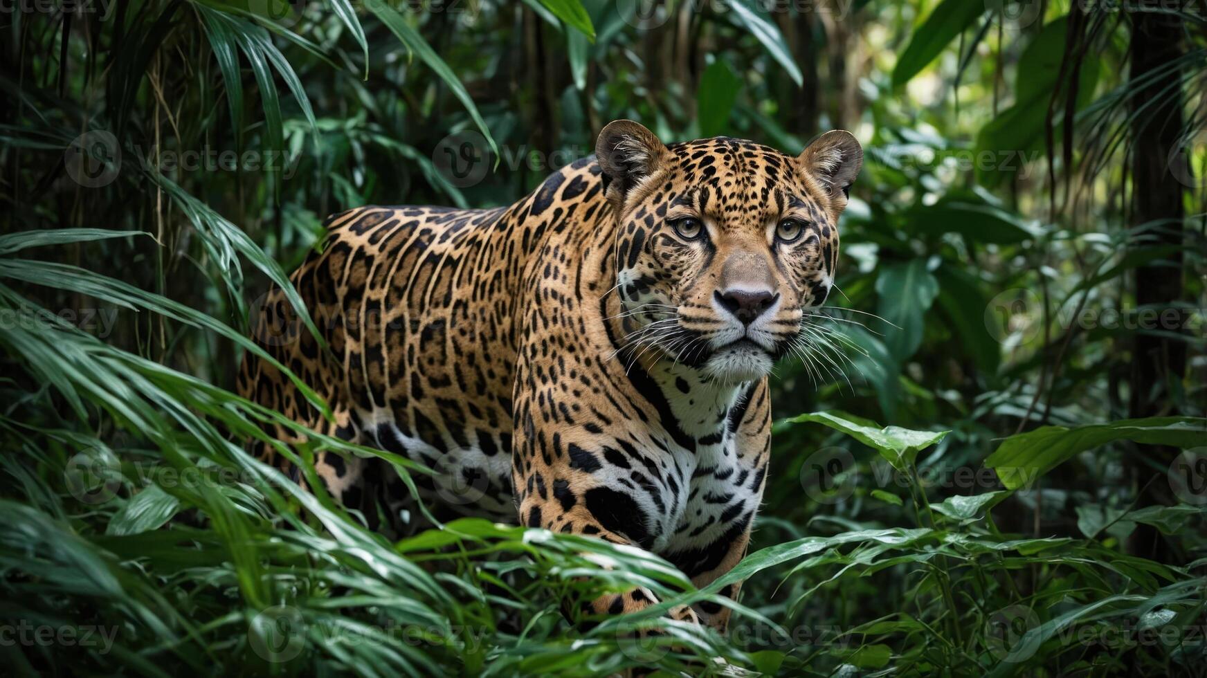 A jaguar stealthily navigating through dense jungle foliage. photo