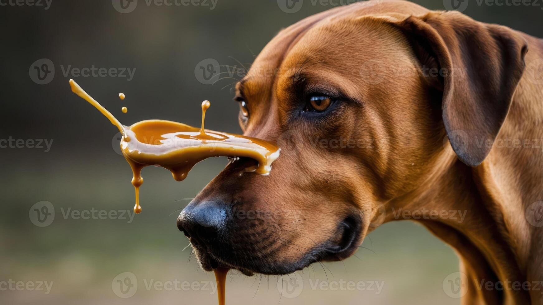 A close-up of a dog's face with a dripping substance, creating a playful and humorous effect. photo