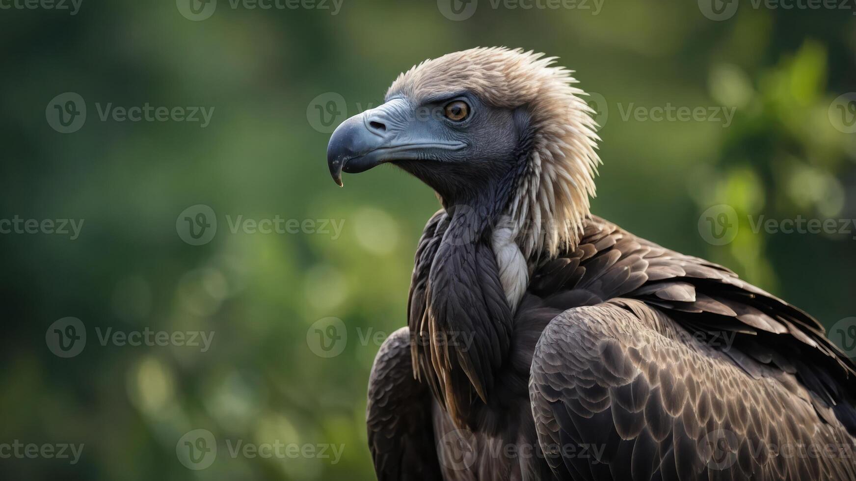 A close-up of a majestic vulture with detailed feathers against a blurred green background. photo