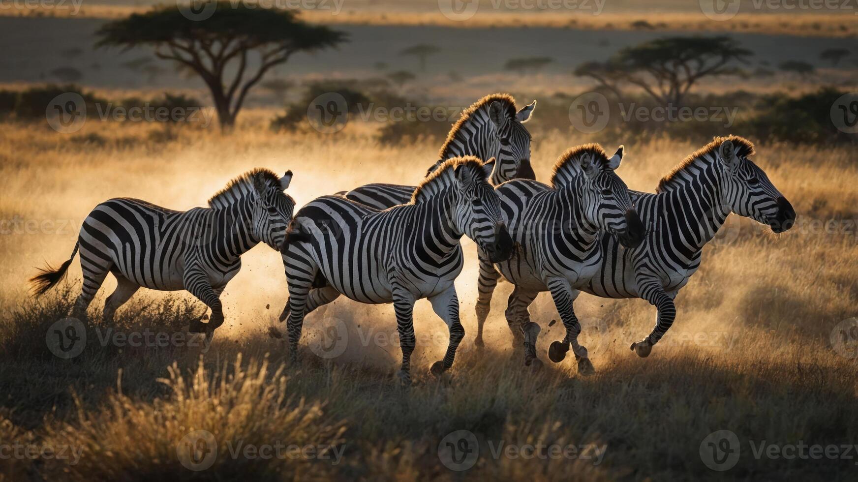 A group of zebras running through a dusty landscape at sunset. photo