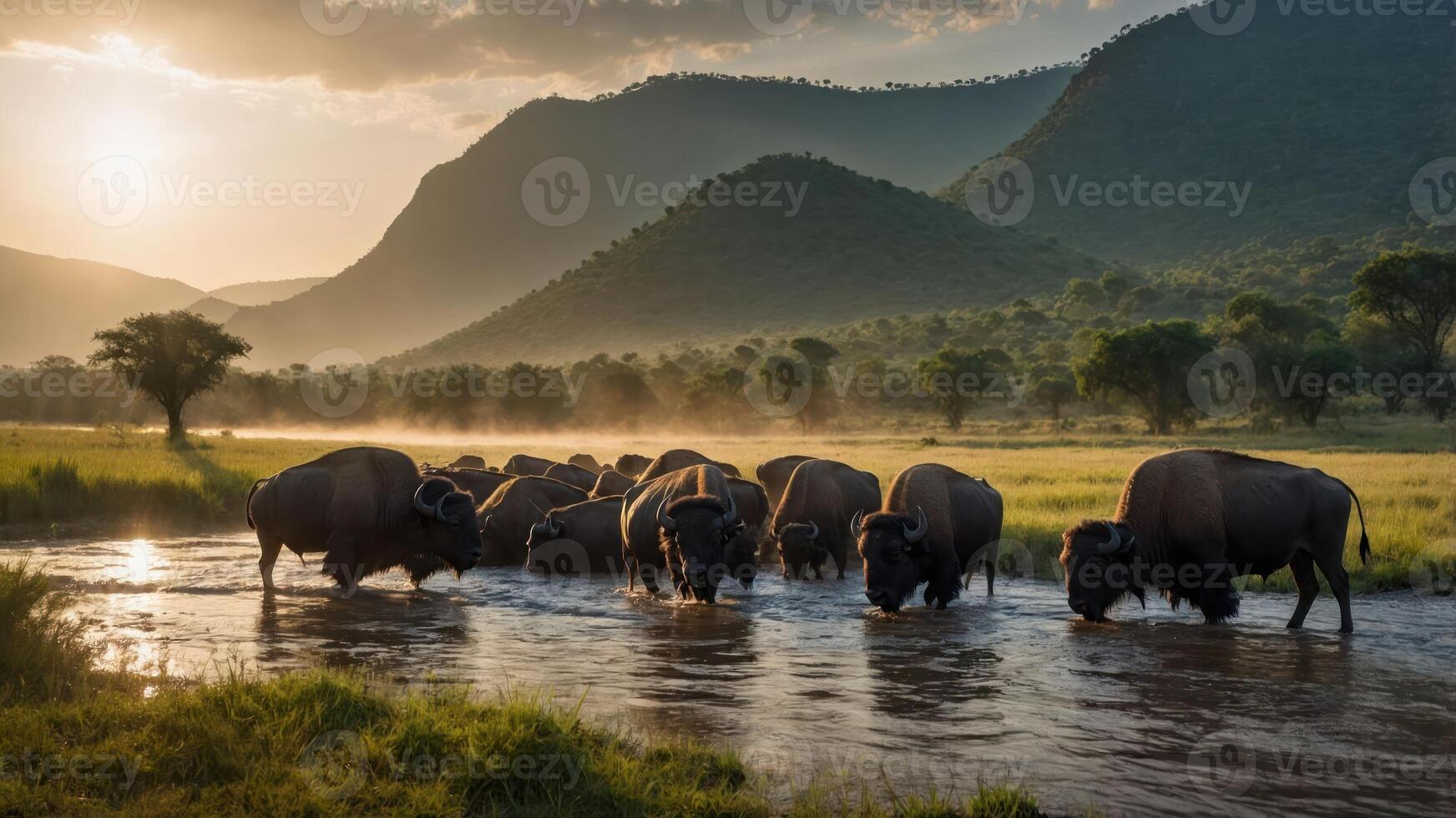 A herd of buffalo wades through a river at sunset, surrounded by mountains and mist. photo