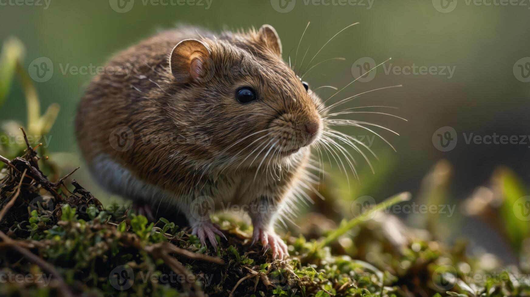 A close-up of a small rodent sitting on moss in a natural setting. photo