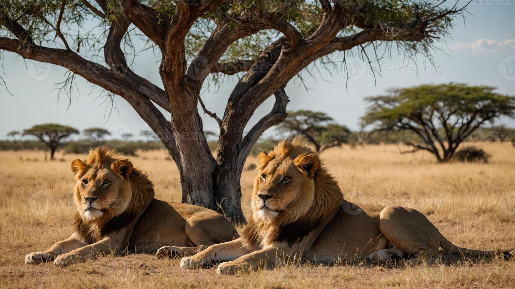 Two lions resting under a tree in a savannah landscape. photo