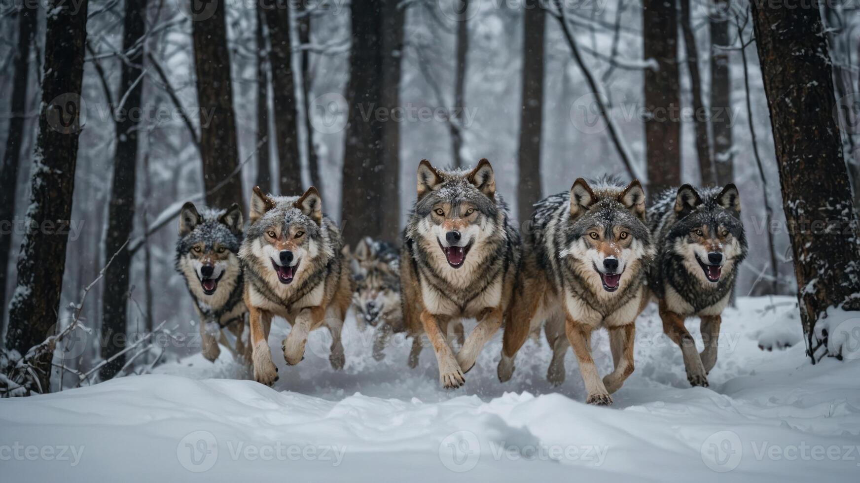 A pack of wolves running through a snowy forest, showcasing their strength and agility. photo