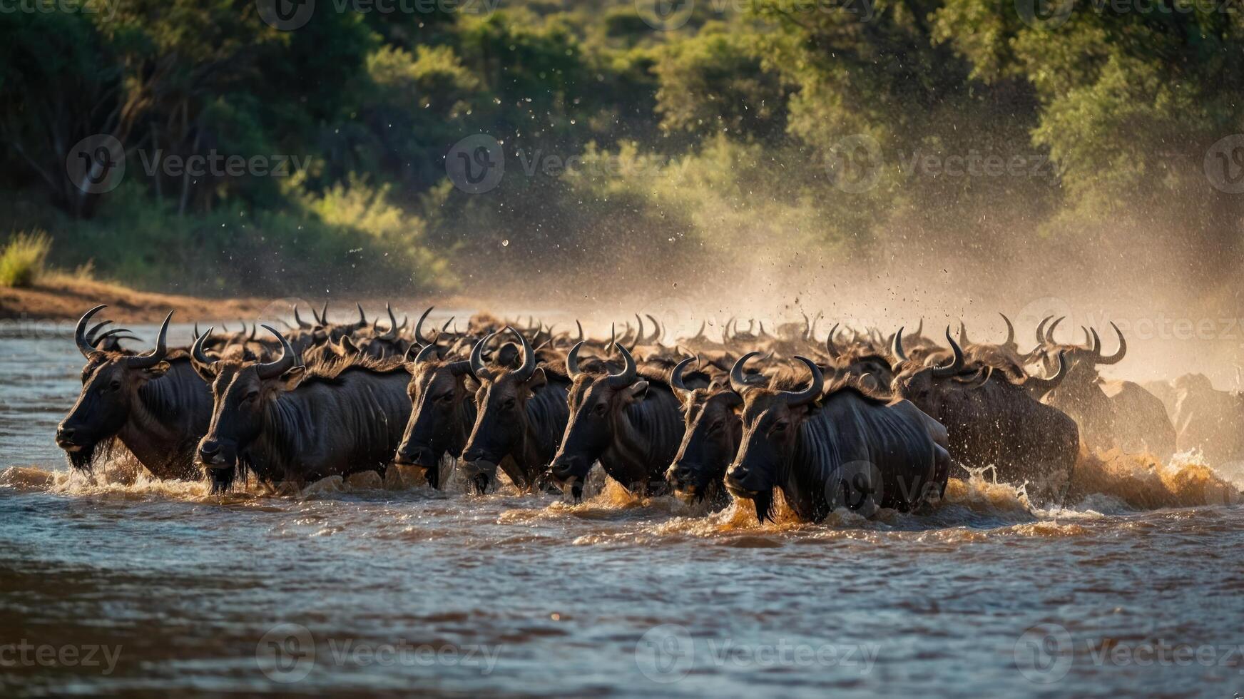 A herd of wildebeests crossing a river, creating splashes in a natural setting. photo