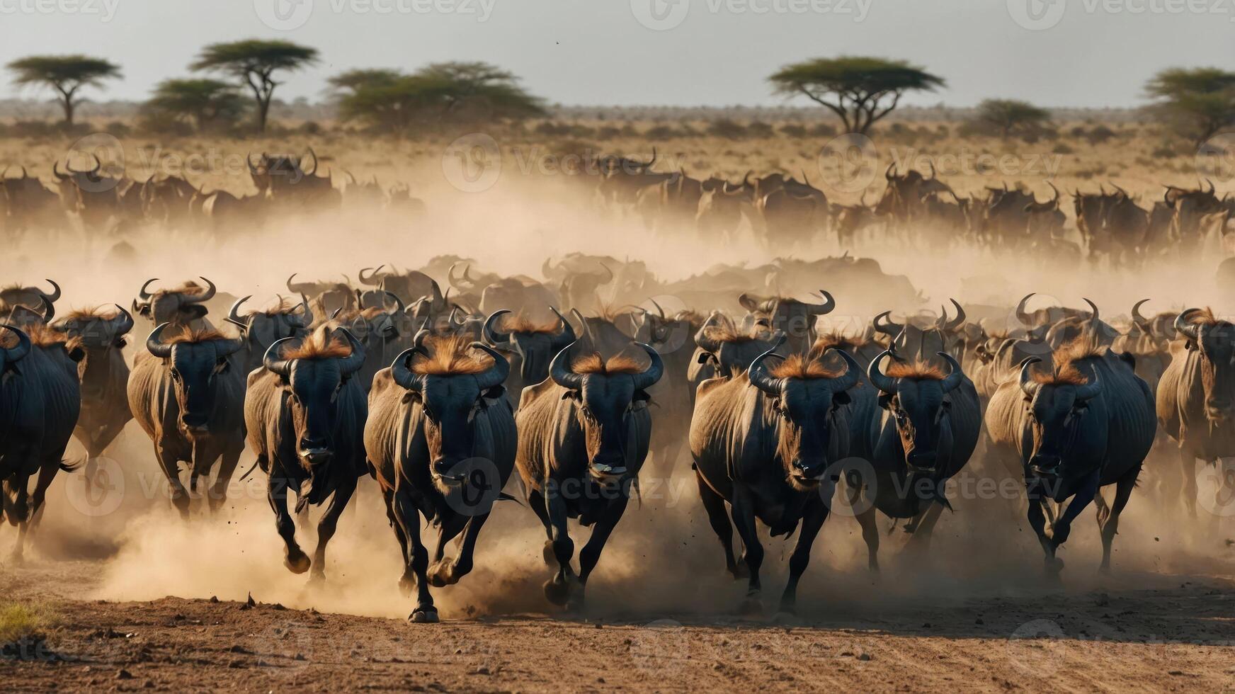 A herd of wildebeests running through dust in a vast landscape. photo