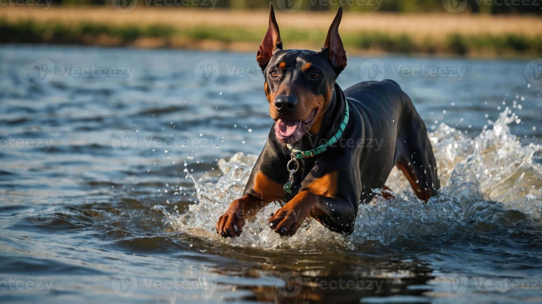 A joyful dog splashes through water, showcasing energy and playfulness in a natural setting. photo