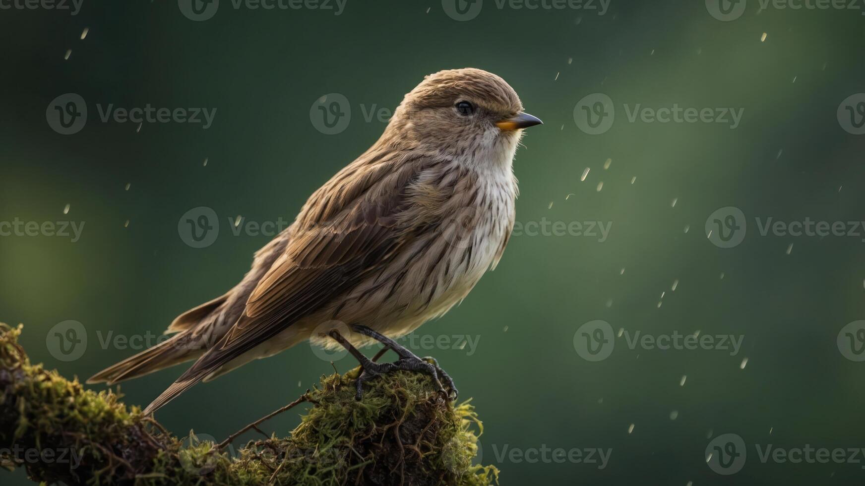 A small brown bird perched on a mossy branch, surrounded by a soft, rainy backdrop. photo