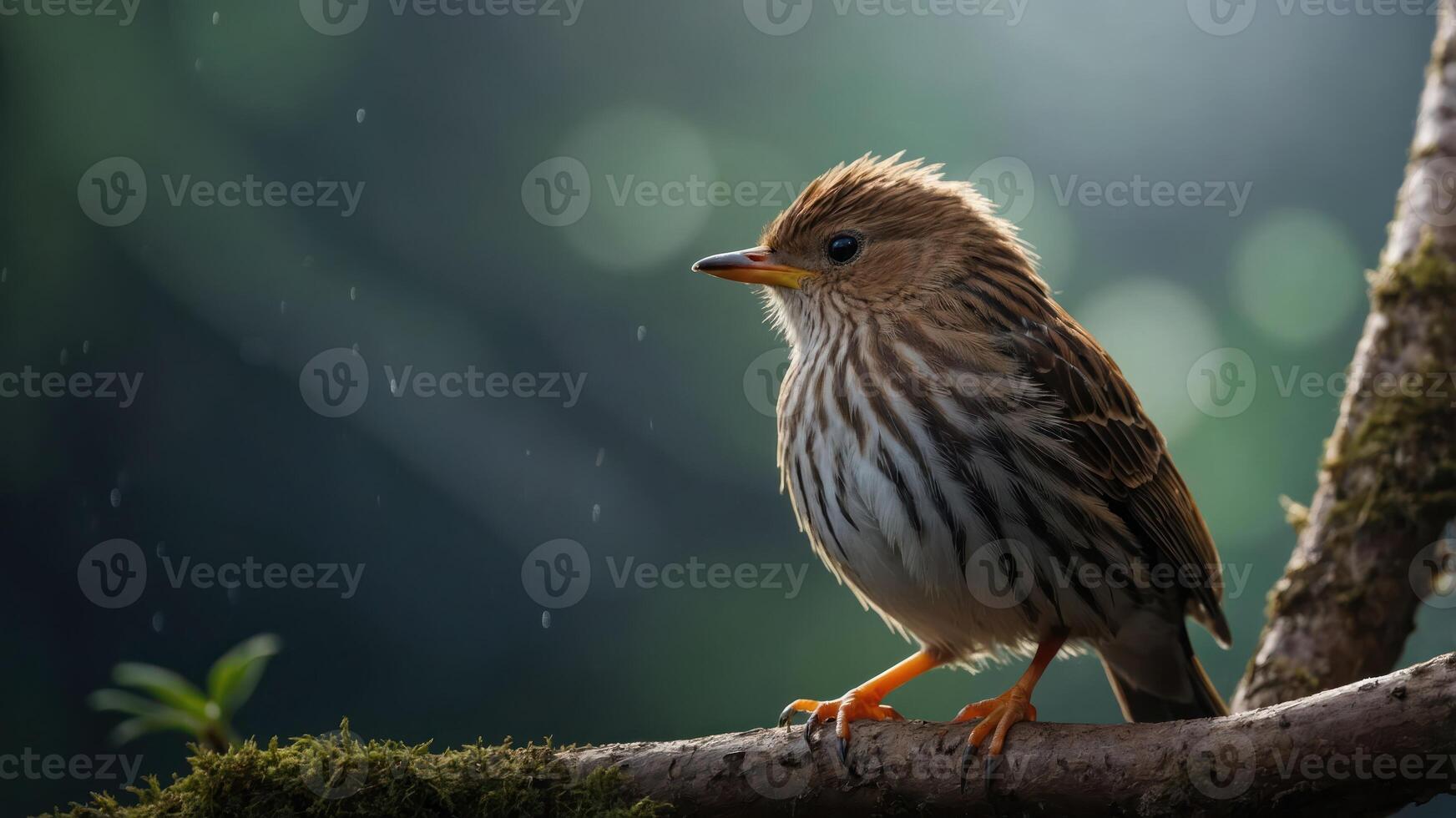 A close-up of a small bird perched on a branch in a serene, natural setting. photo