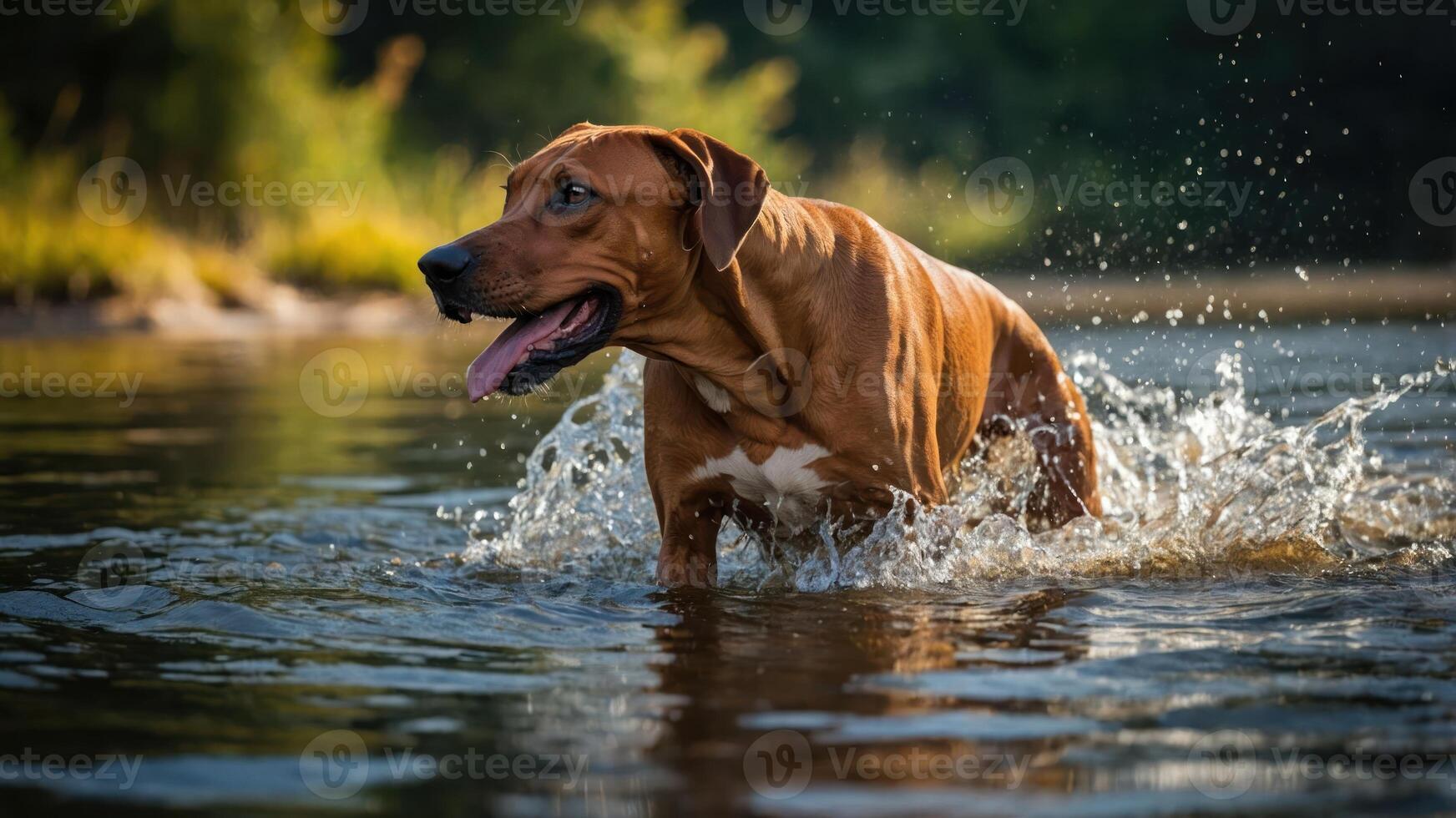 A dog joyfully splashes in shallow water, enjoying a sunny day outdoors. photo