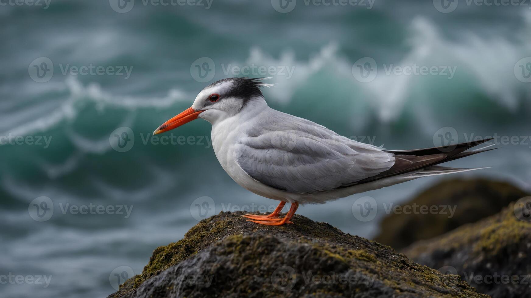 A bird perched on a rock by the sea, with waves crashing in the background. photo