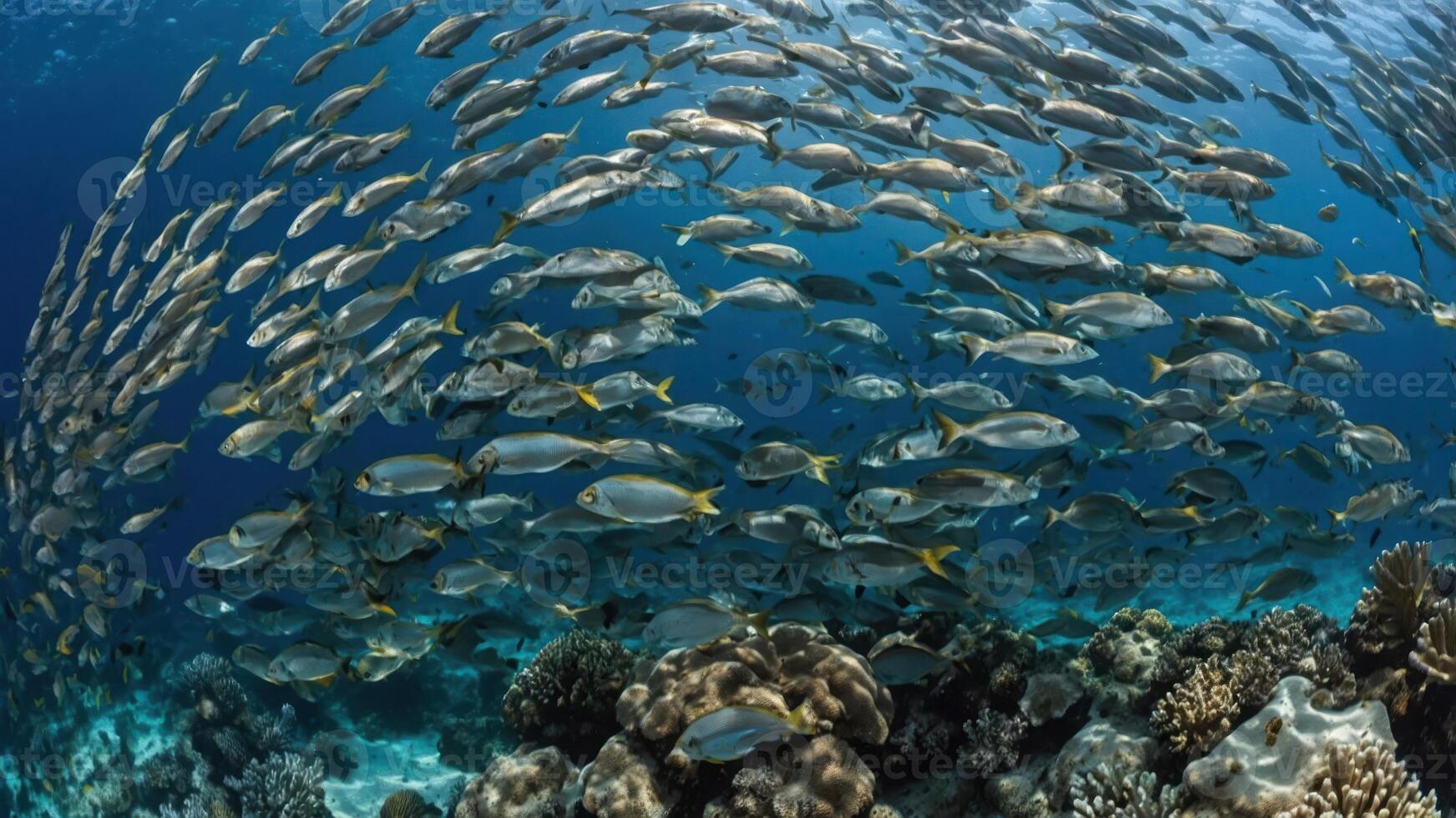 A school of fish swimming over vibrant coral reefs in a clear ocean. photo