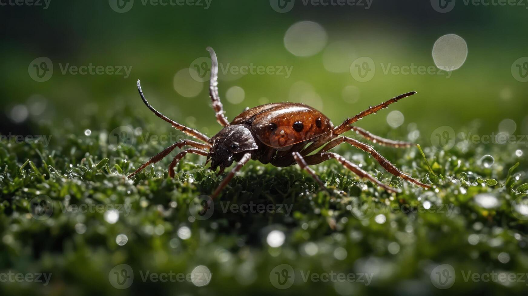 A close-up of a tick on green moss with droplets of water, highlighting its details. photo