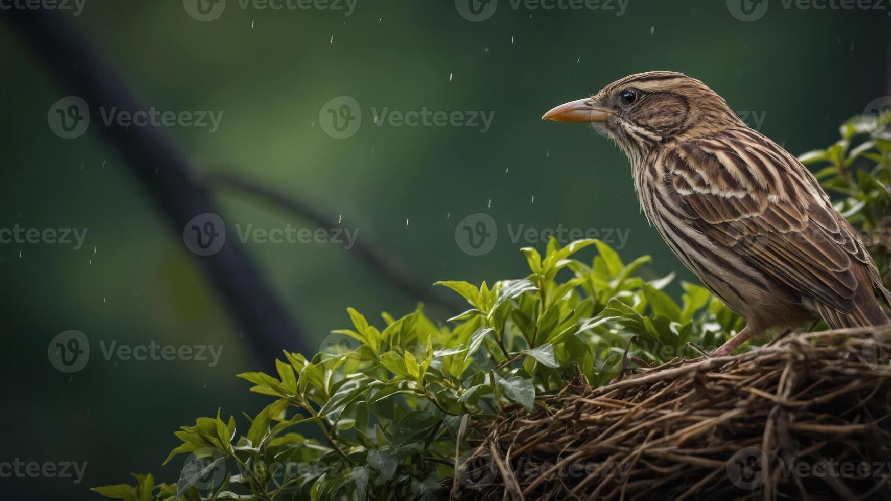 A bird perched on a nest amidst greenery, with raindrops softly falling around it. photo