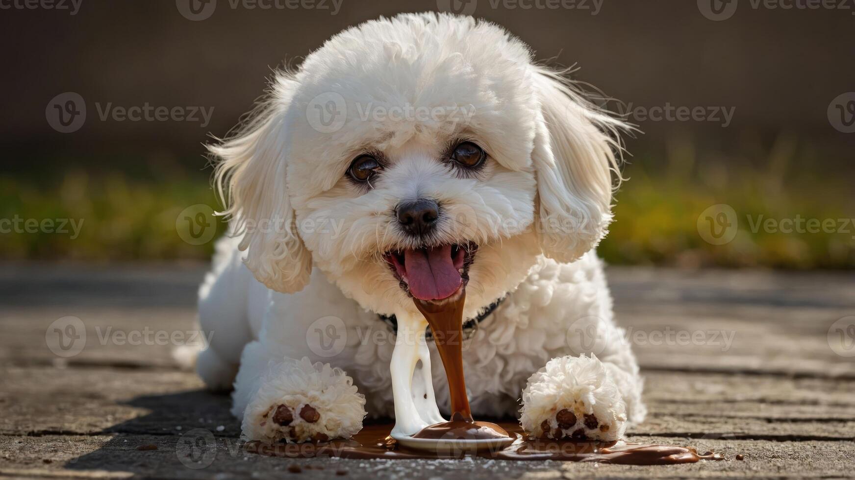 A fluffy dog enjoying a chocolate treat on a sunny day. photo