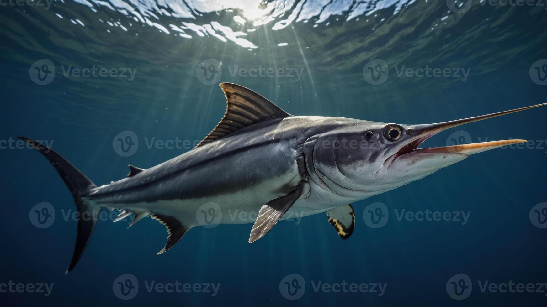 A majestic swordfish swimming gracefully in clear ocean waters. photo