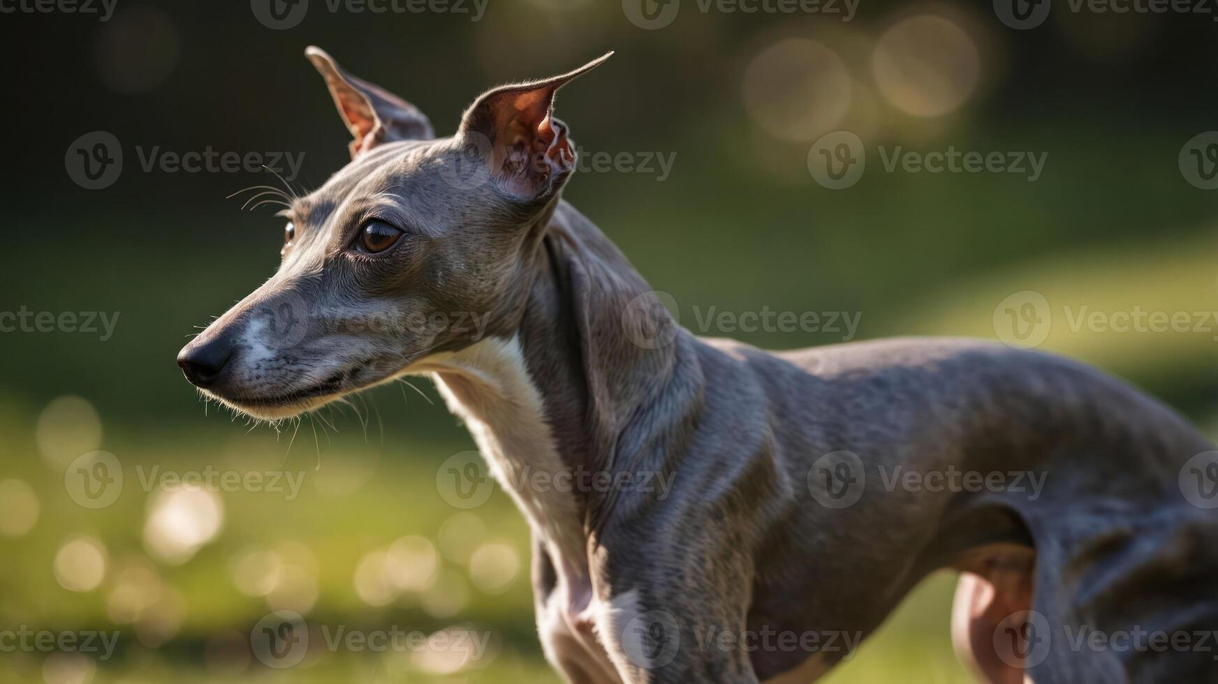 A close-up of a greyhound dog in a natural outdoor setting. photo