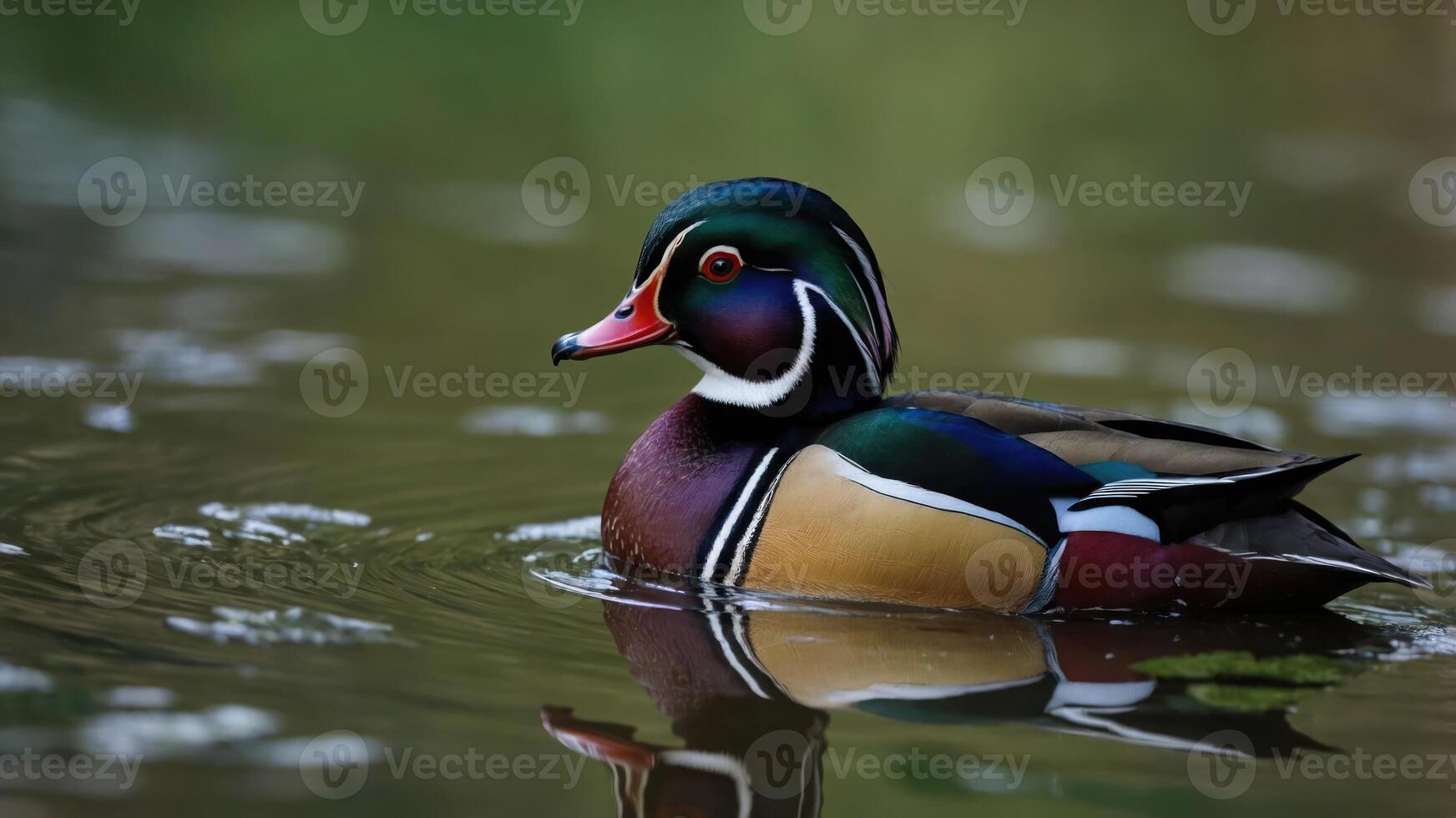 A colorful wood duck swimming gracefully on a calm water surface. photo