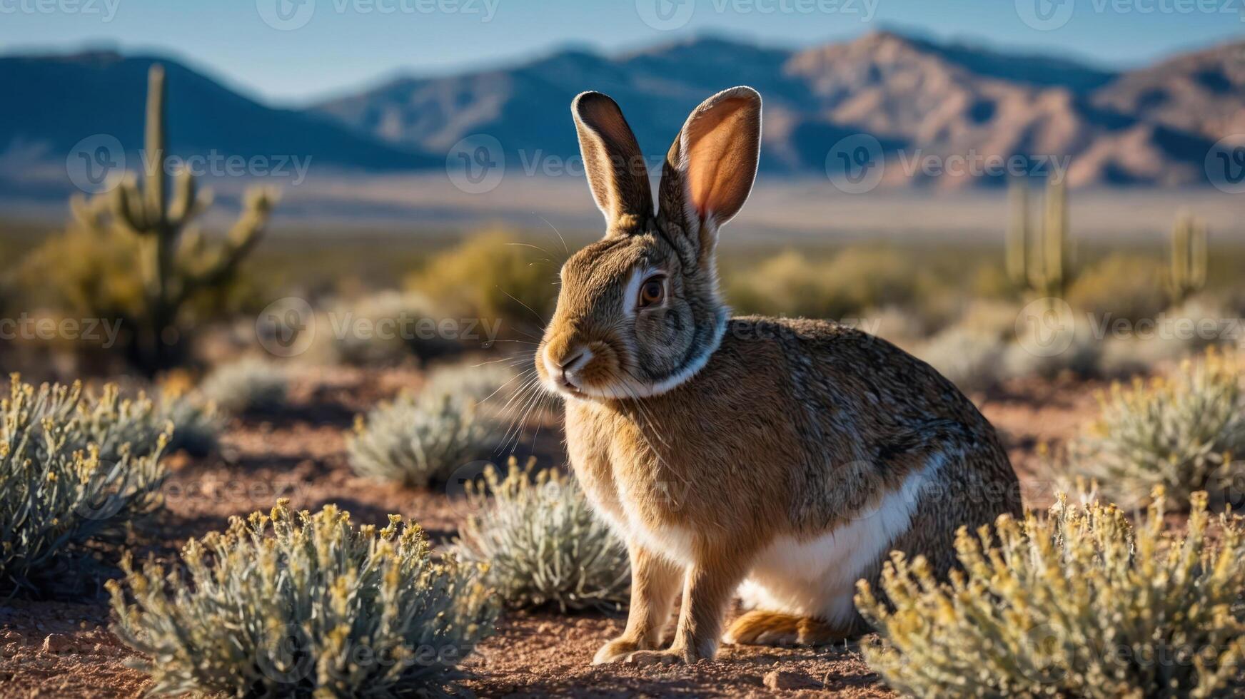 A rabbit sitting in a desert landscape, surrounded by plants and mountains in the background. photo