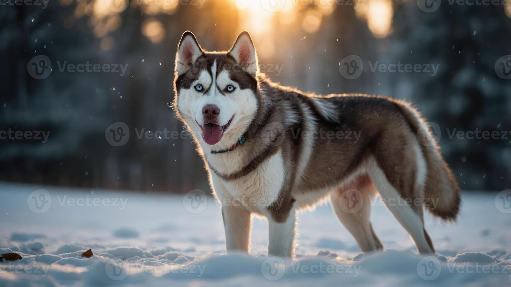 A playful husky stands in the snow, illuminated by the warm glow of the sunset. photo