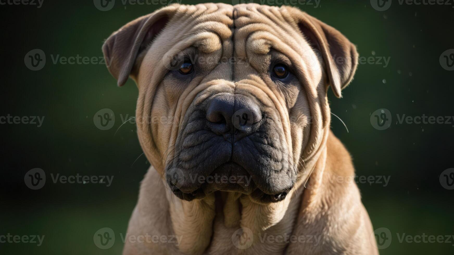 A close-up of a Shar Pei dog with distinctive wrinkles and a serious expression. photo