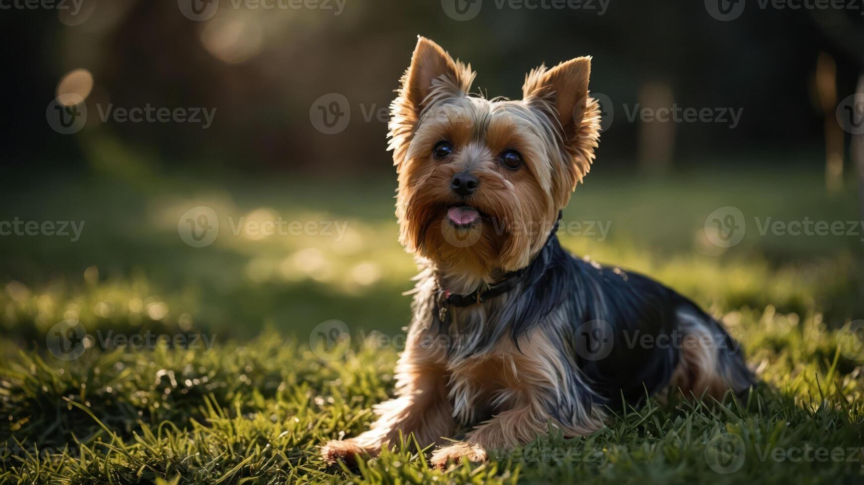 A small dog resting on grass with a soft focus background. photo