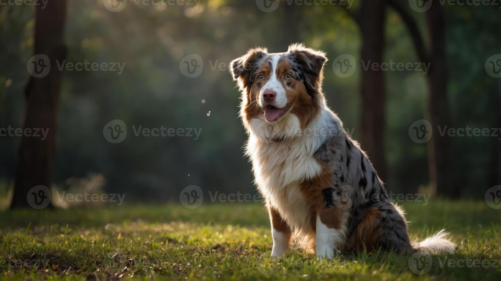 A playful dog sits in a sunlit forest clearing, exuding joy and tranquility. photo