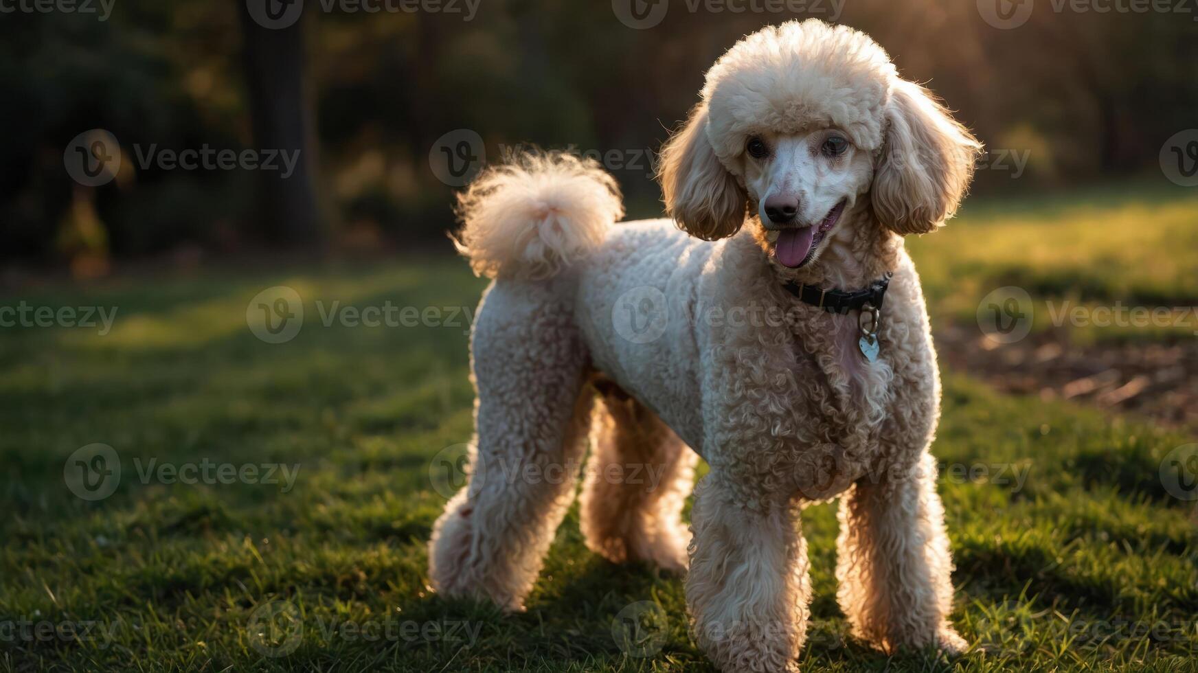 A playful poodle standing on grass during golden hour, showcasing its fluffy coat and joyful demeanor. photo