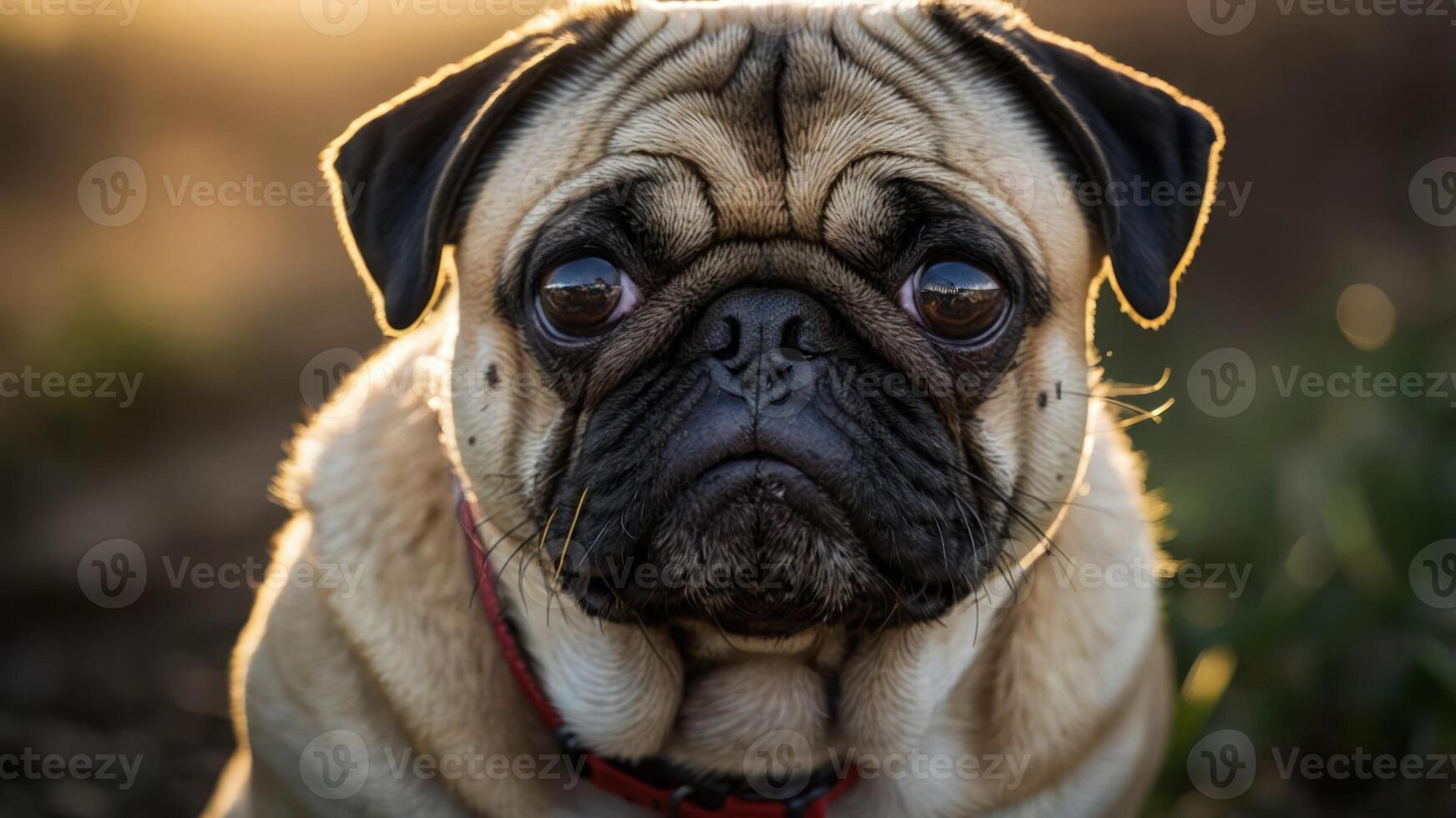 A close-up portrait of a pug dog with expressive eyes against a natural background. photo