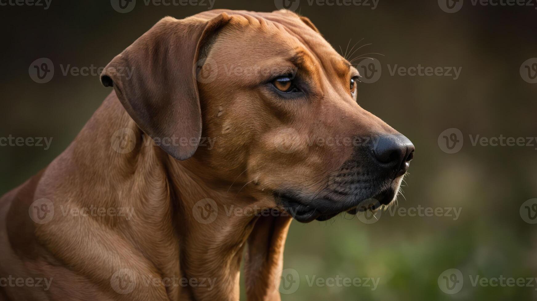 A close-up profile of a brown dog in a natural setting, showcasing its features and expression. photo