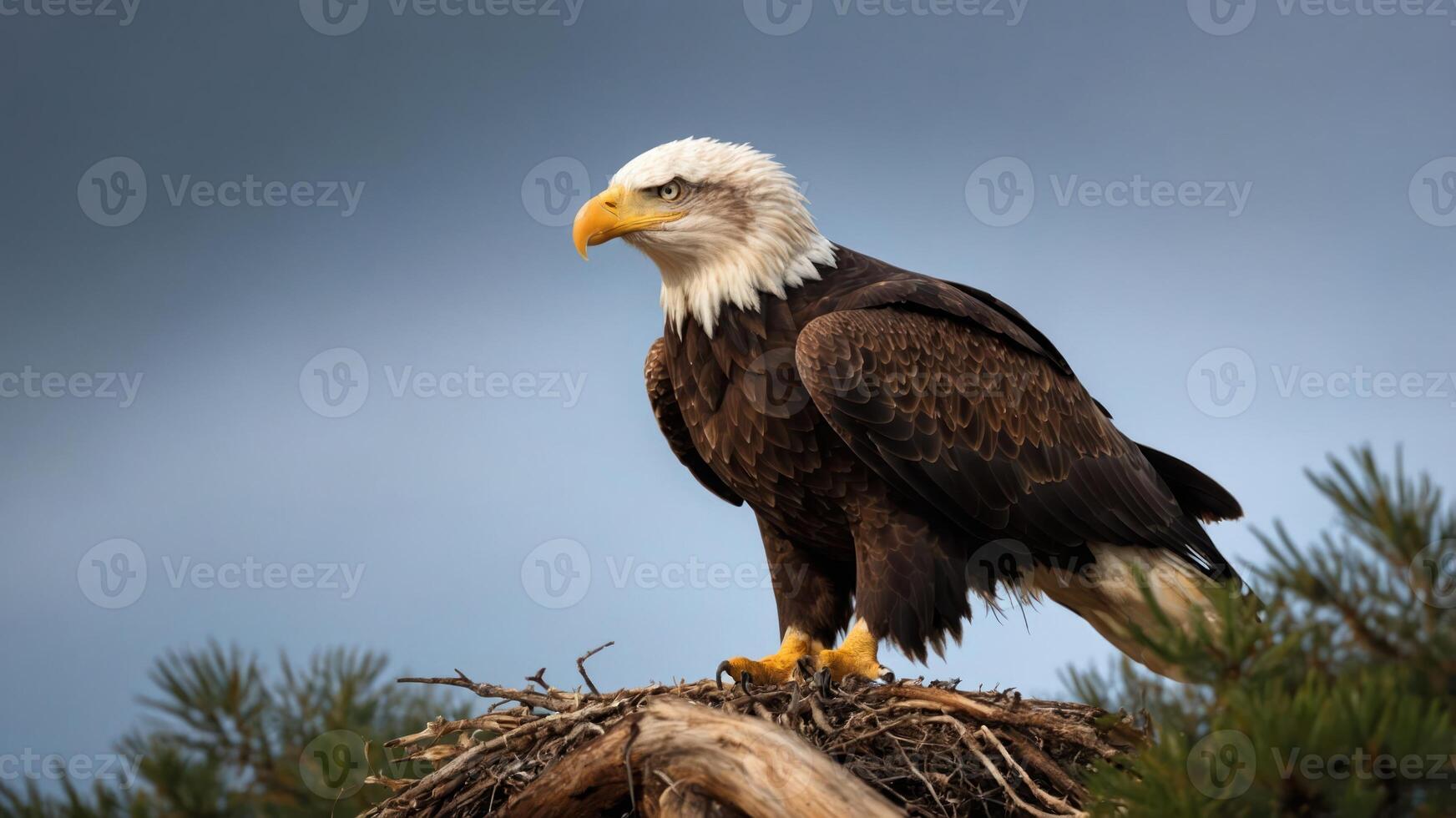 A majestic eagle perched on its nest, showcasing its powerful presence in nature. photo
