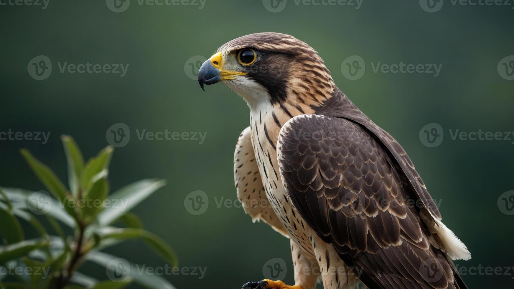 A close-up of a hawk perched on a branch, showcasing its striking features and colors. photo