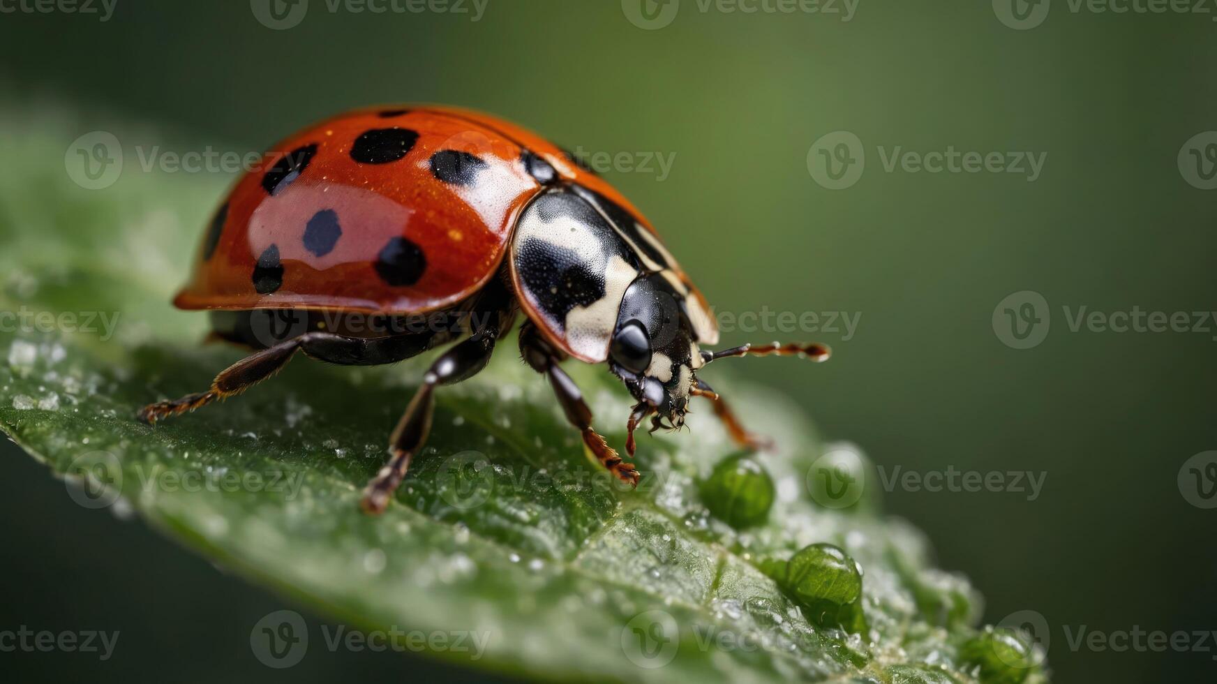 A close-up of a ladybug perched on a green leaf with droplets of water. photo