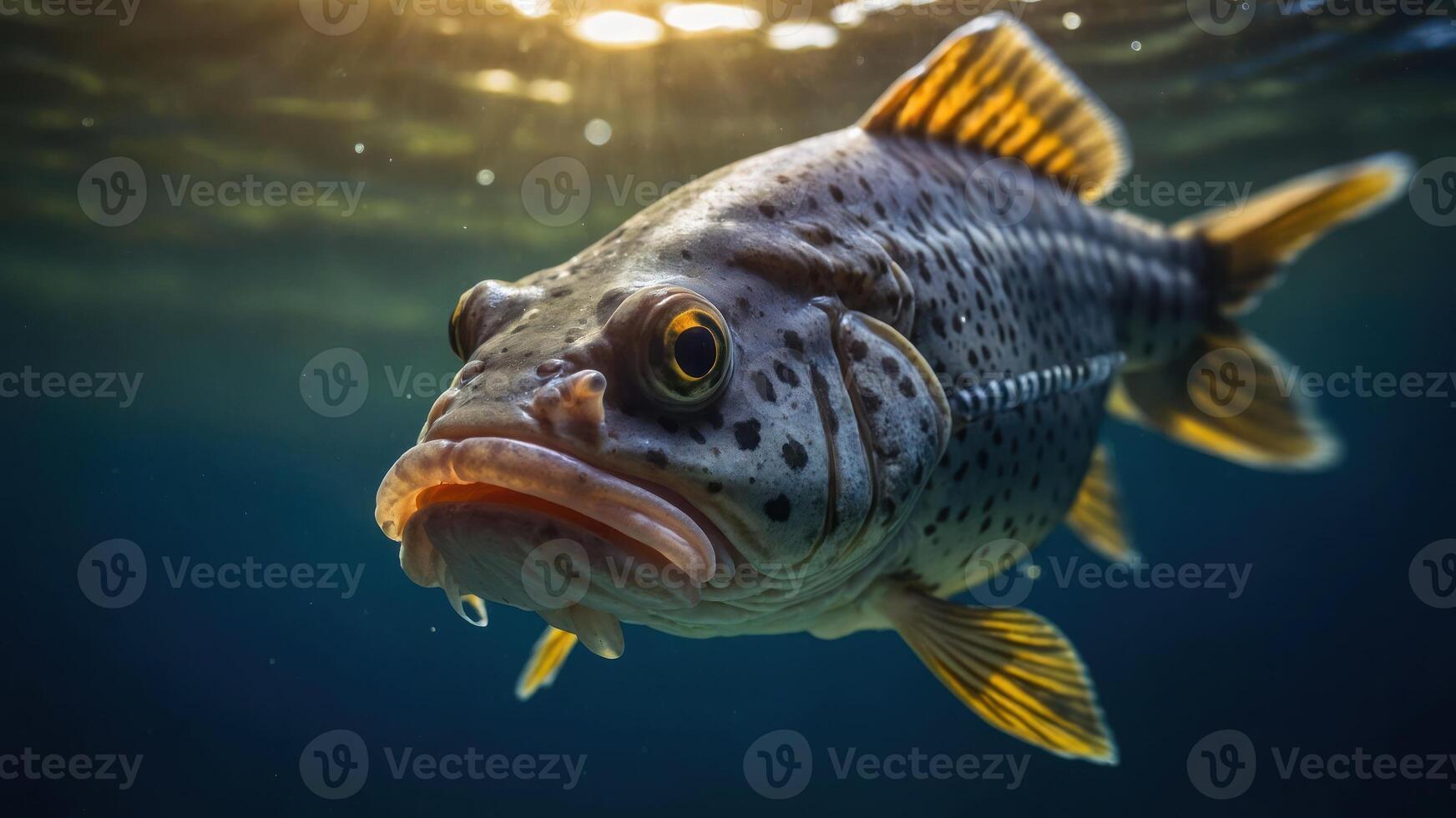 A close-up of a trout swimming underwater, showcasing its vibrant colors and details. photo