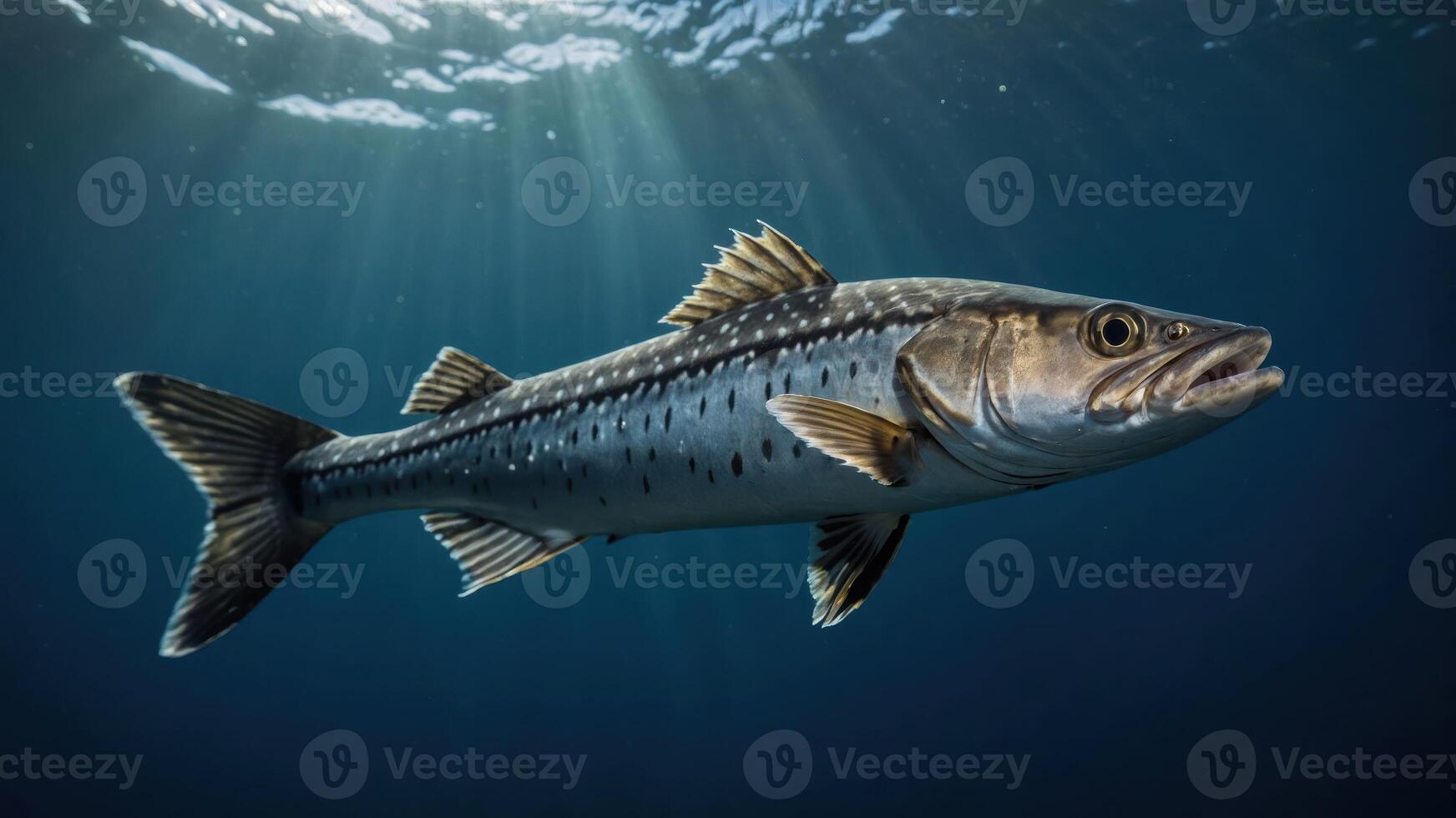 A barracuda swimming gracefully in the ocean, illuminated by sunlight from above. photo