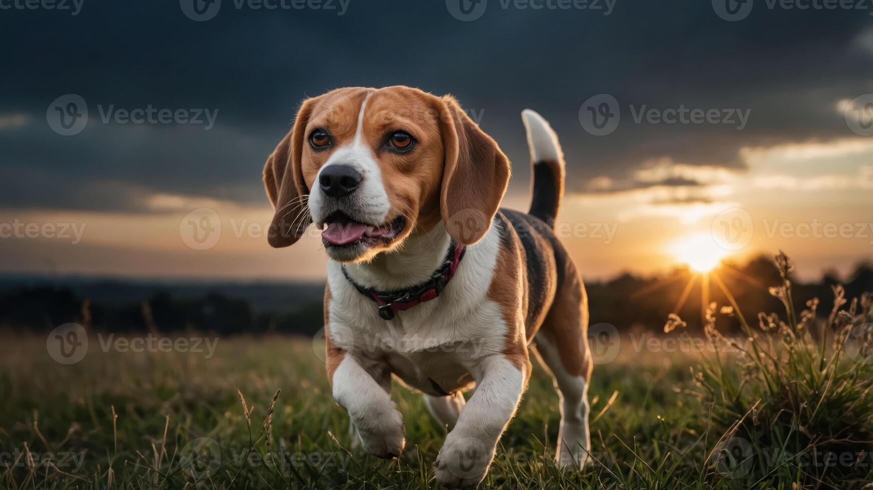 A playful beagle running in a grassy field during sunset. photo