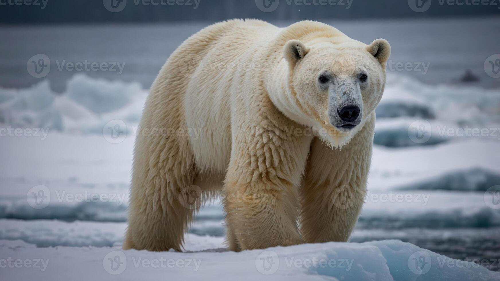 A polar bear walking on icy terrain near the ocean. photo