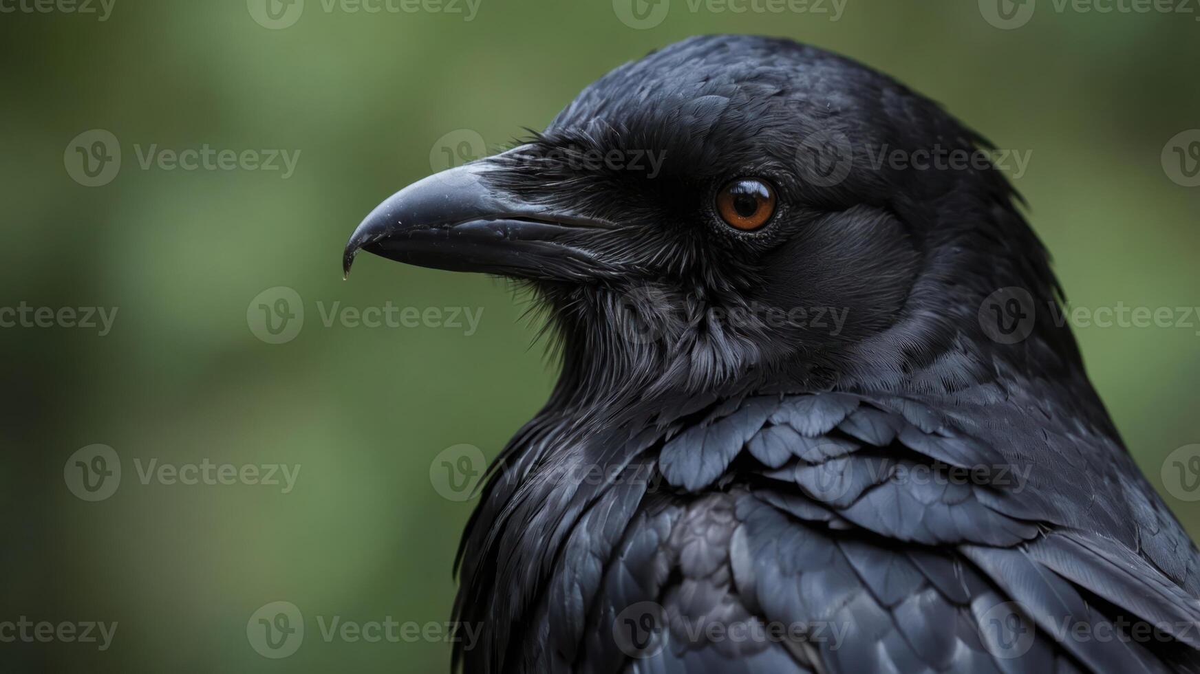 A close-up of a black bird, showcasing its intricate feathers and piercing eye. photo