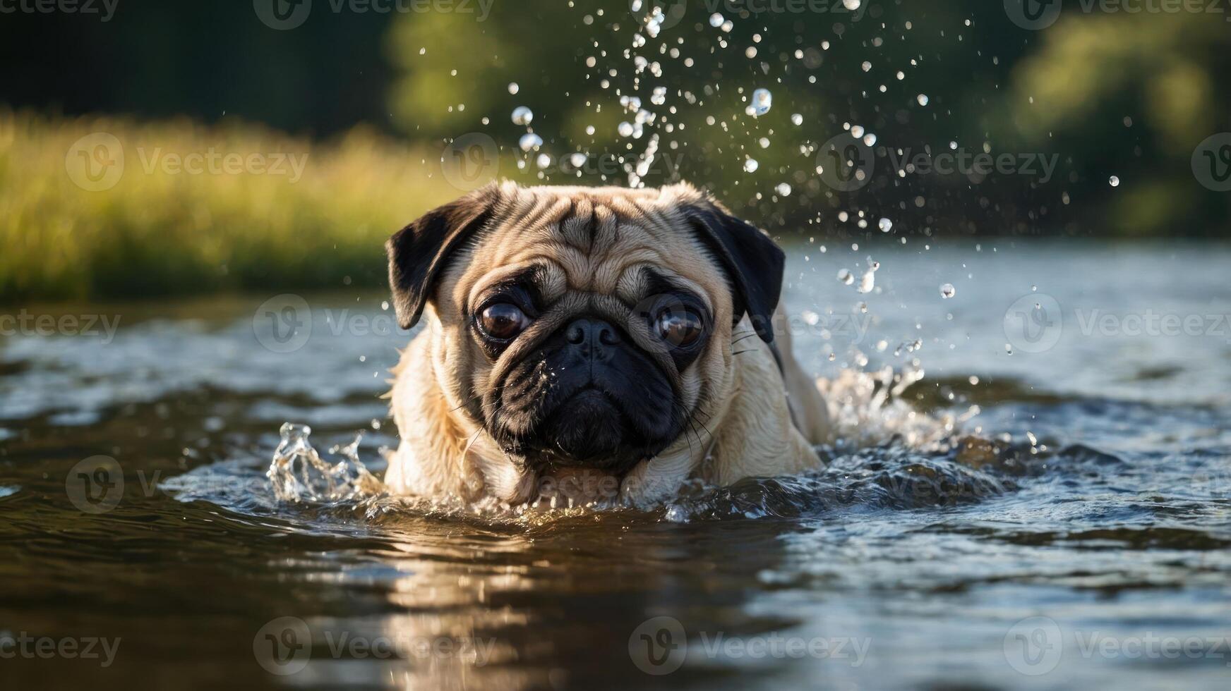 A pug swimming in a serene body of water, creating splashes under the sunlight. photo