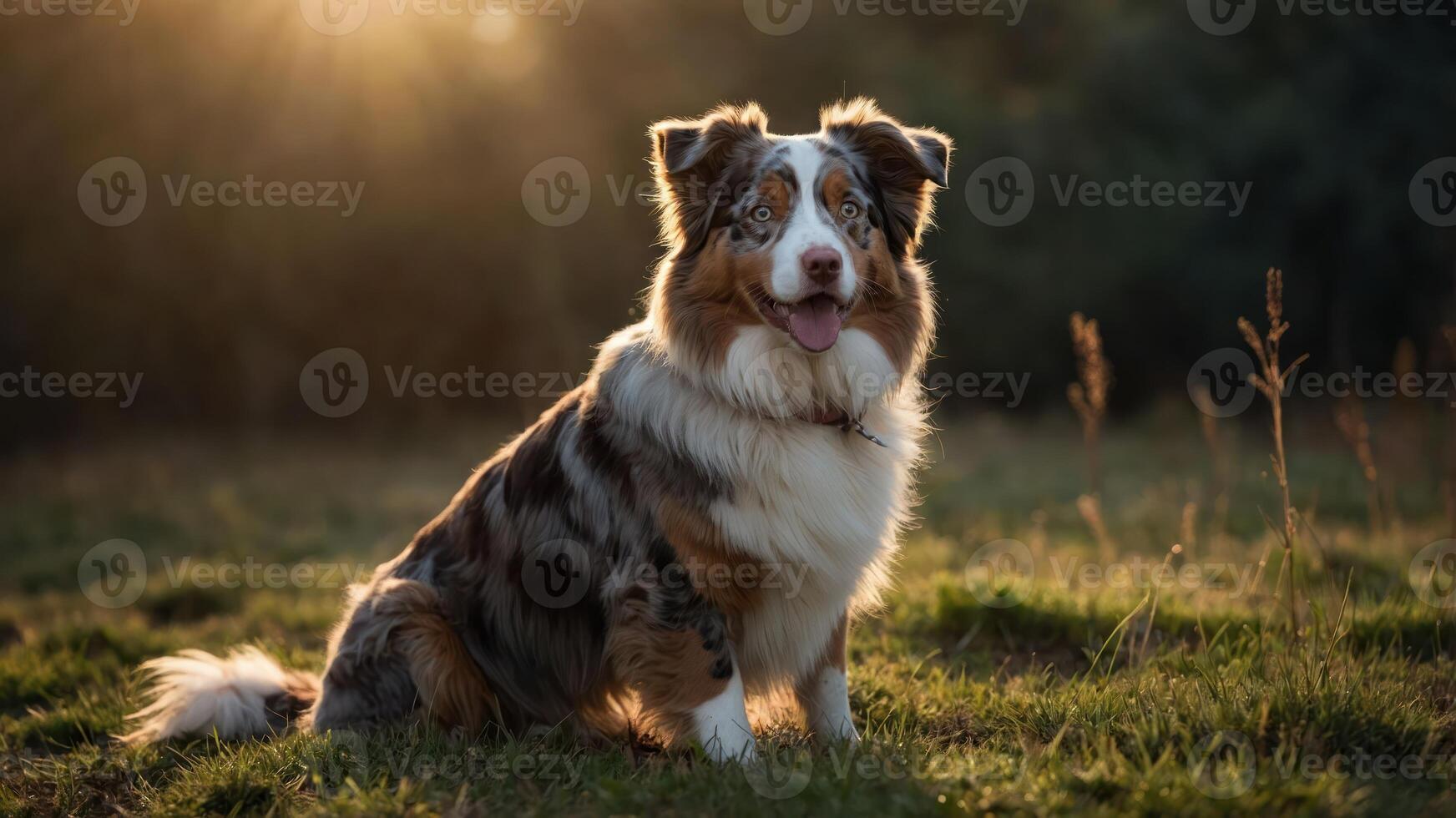 A dog sitting in a field during sunset, showcasing its beautiful coat and happy demeanor. photo