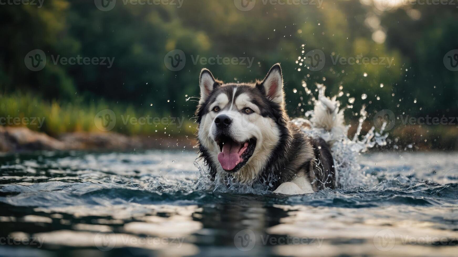 A happy dog splashes in a serene body of water surrounded by greenery. photo