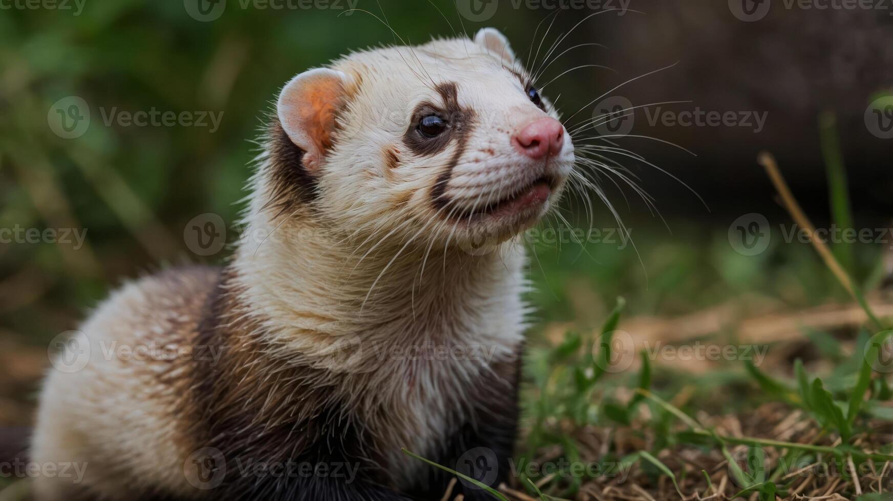 A close-up of a ferret with a curious expression in a natural setting. photo