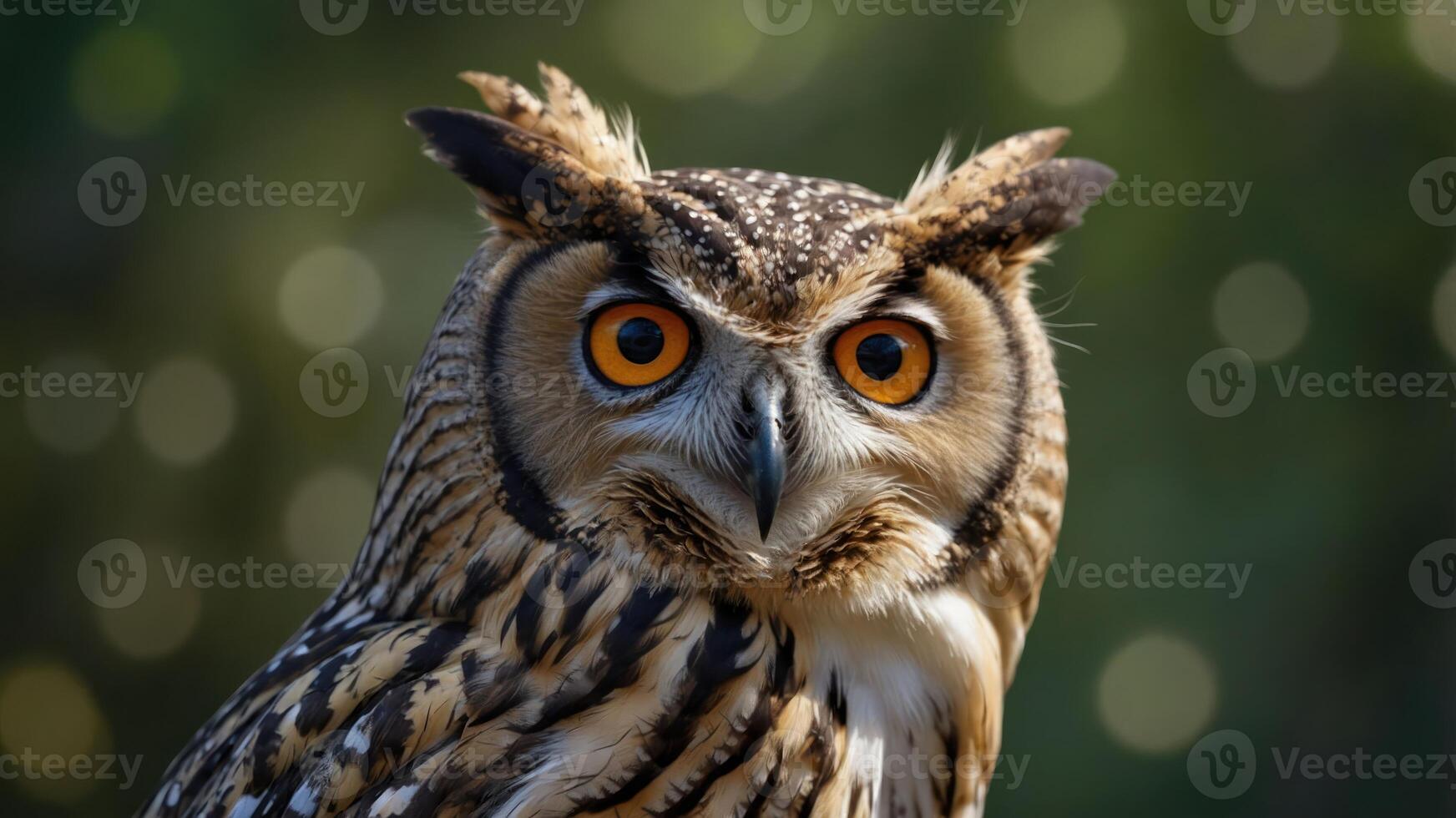 A close-up of a majestic owl with striking orange eyes and intricate feather patterns. photo