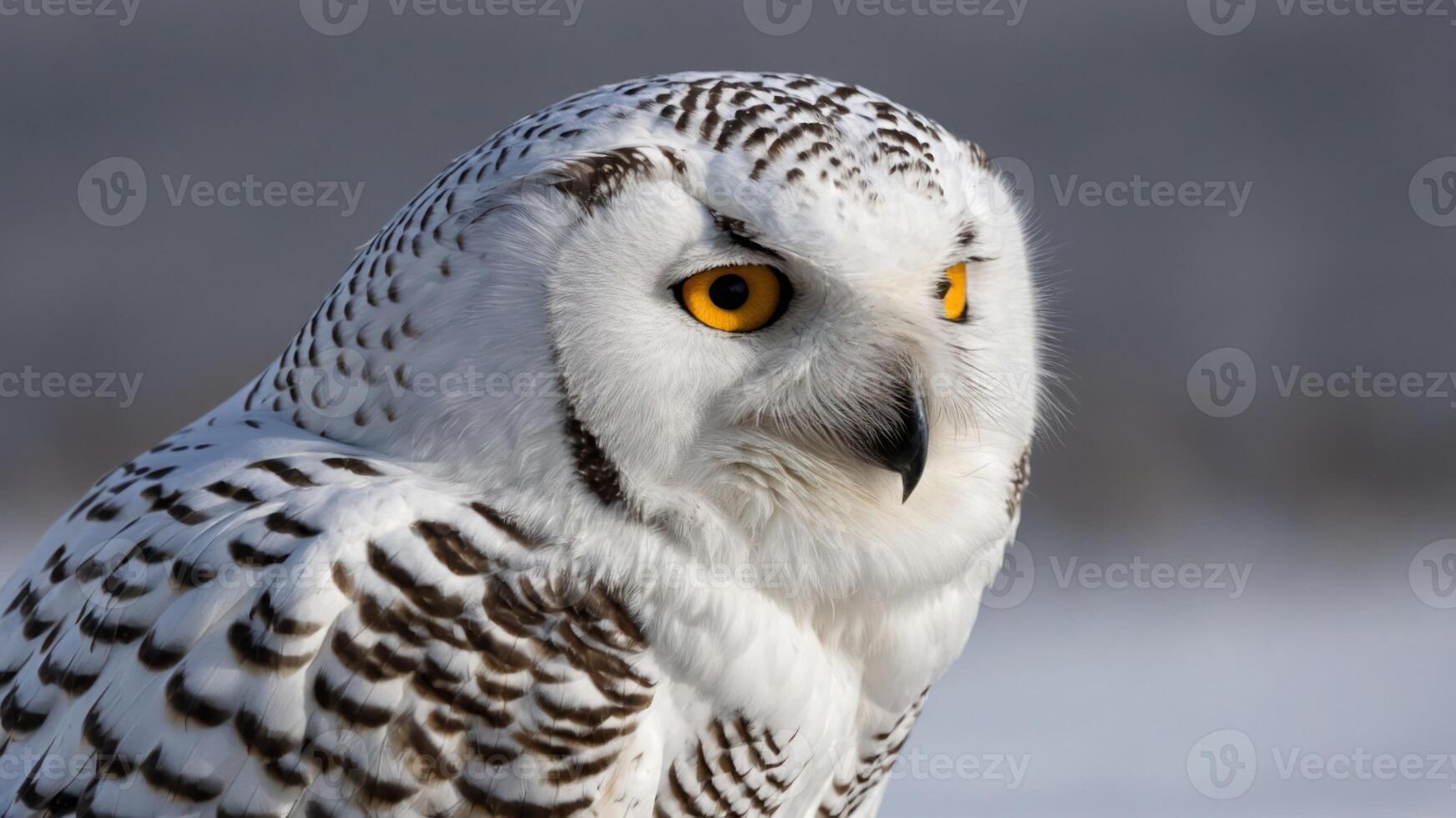 A close-up of a snowy owl with striking yellow eyes and intricate feather patterns. photo
