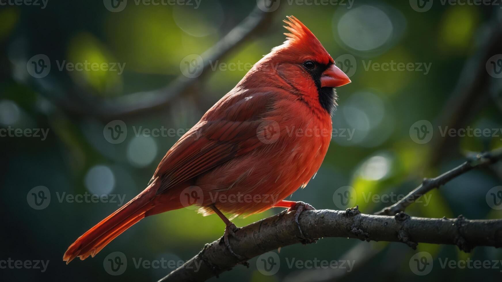 A vibrant red cardinal perched on a branch, showcasing its striking plumage and natural habitat. photo