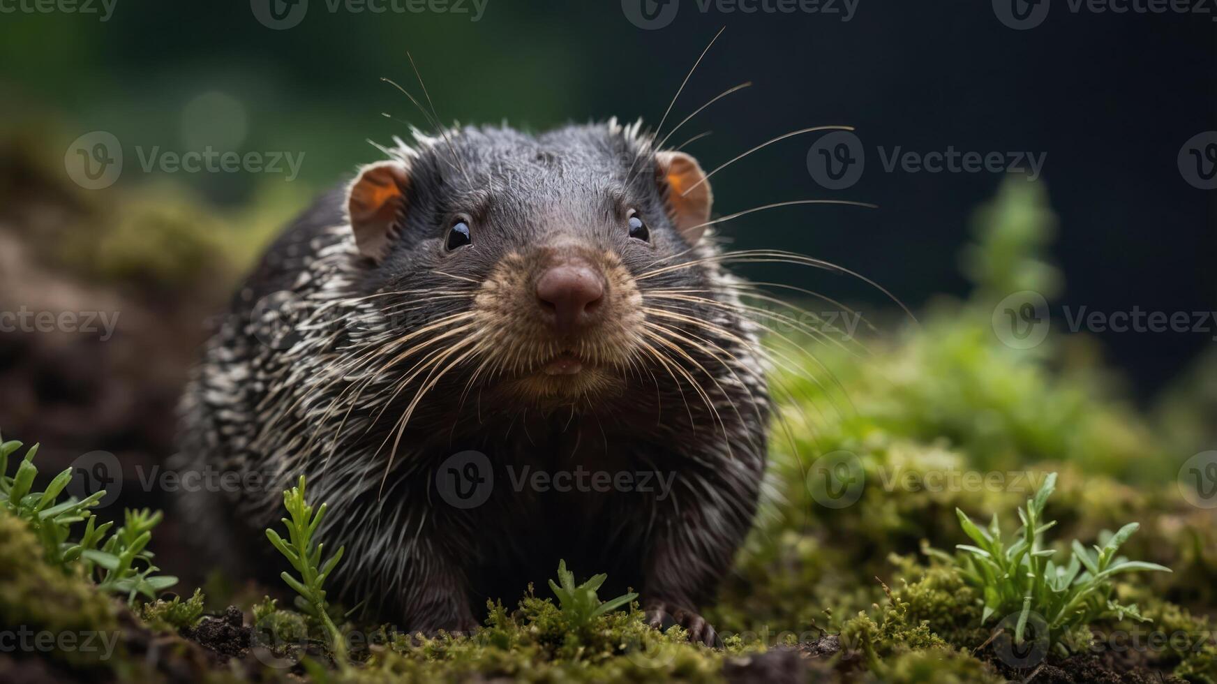 A close-up of a curious animal on mossy ground, showcasing its features and environment. photo