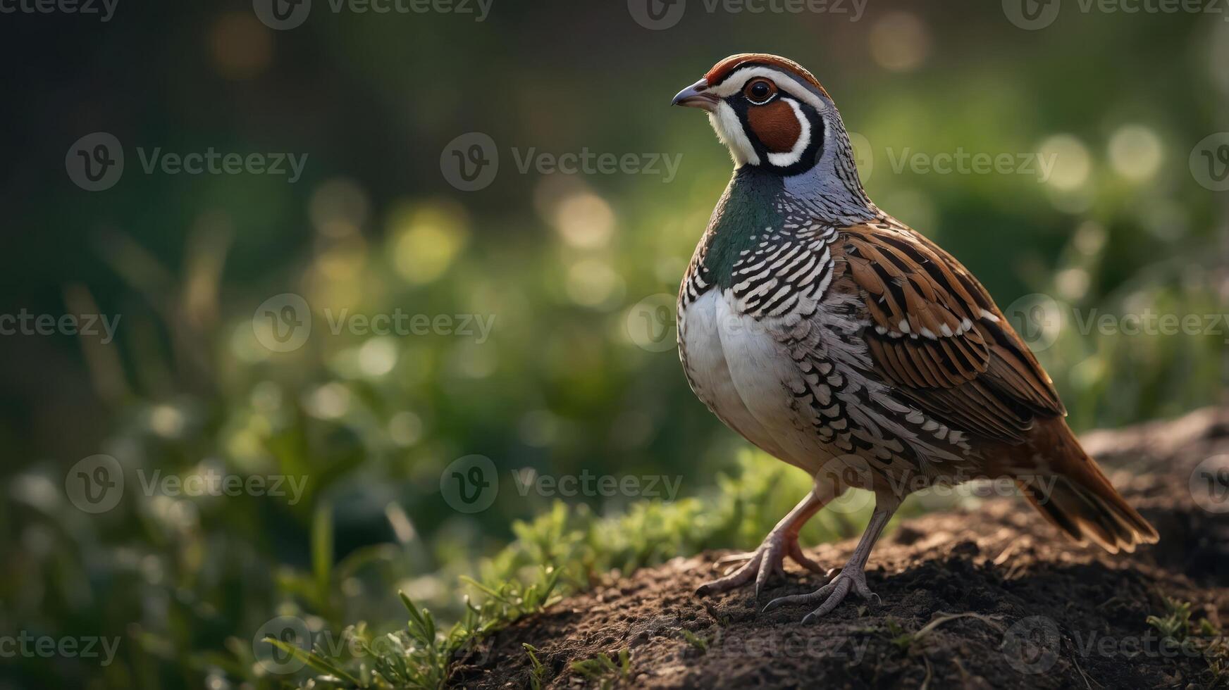 A colorful bird stands on the ground amidst greenery, showcasing its vibrant plumage. photo